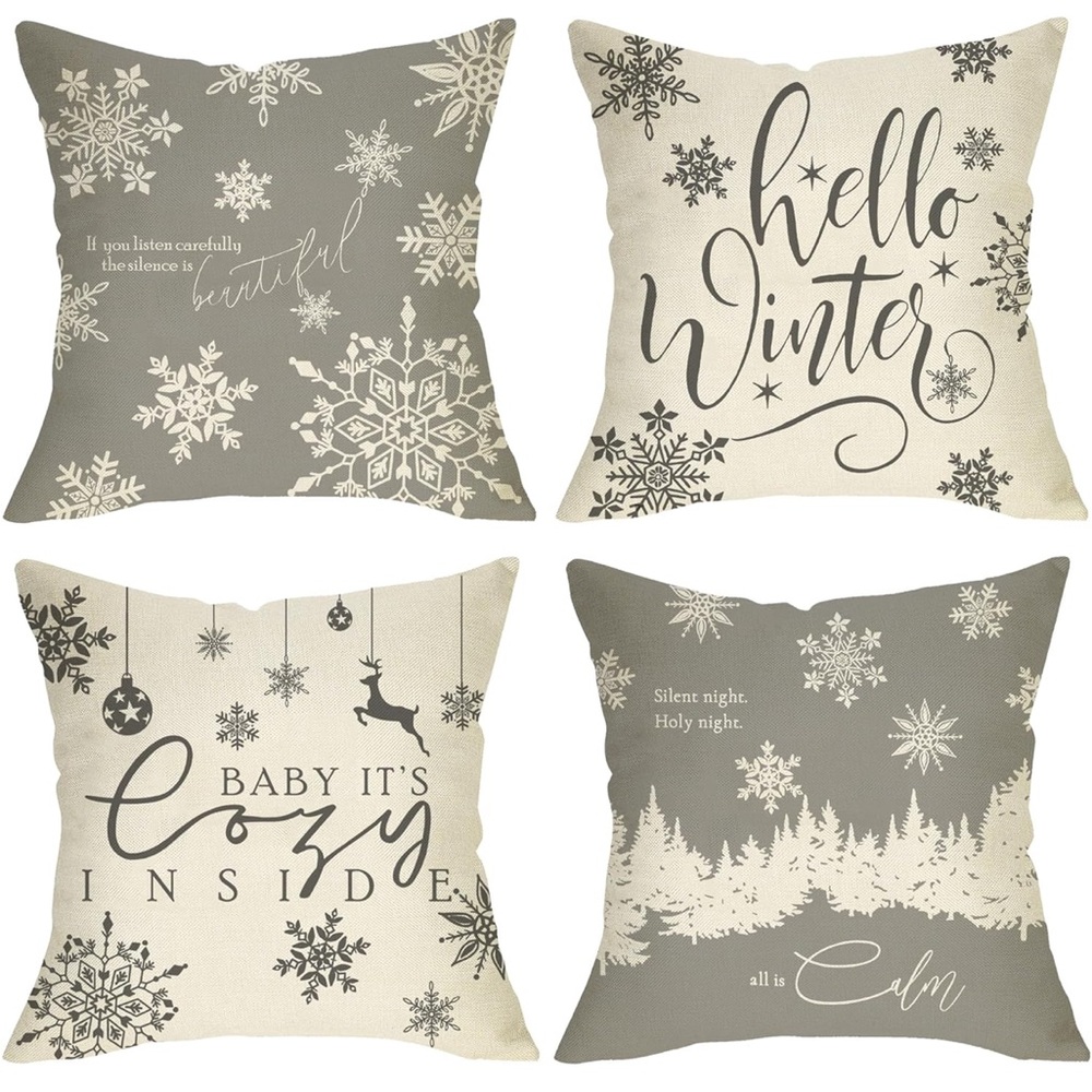 Winter Holiday Decorative Pillow Covers - Gray and Cream